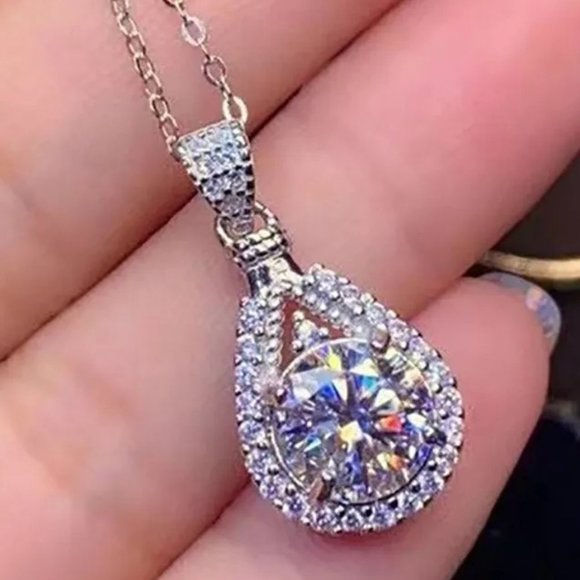 Certified 5ct. t.w. Moissanite Diamond Teardrop Halo Necklace NEW - Picture 3 of 13